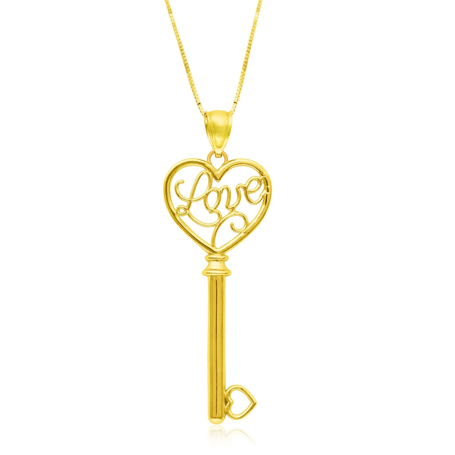 14k Yellow Gold Skeleton Key Style LOVE Pendant in a sleek high-contrast midnight luxury editorial style